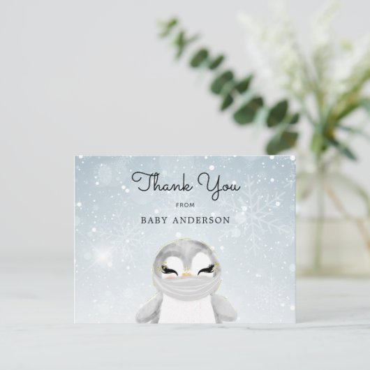 Penguin in Mask Baby shower Bedankt Briefkaart (Staand voorkant)