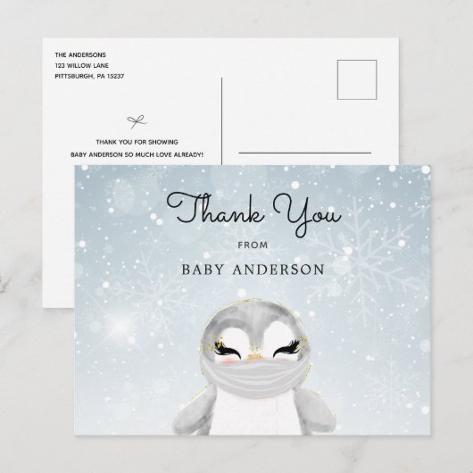 Penguin in Mask Baby shower Bedankt Briefkaart (Voorkant / Achterkant)