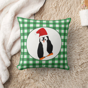 Penguin in Santa Hat Green Gingham Merry Kerstmis Kussen