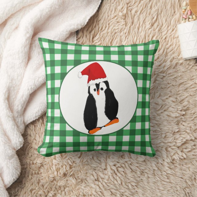 Penguin in Santa Hat Green Gingham Merry Kerstmis Kussen (Deken)
