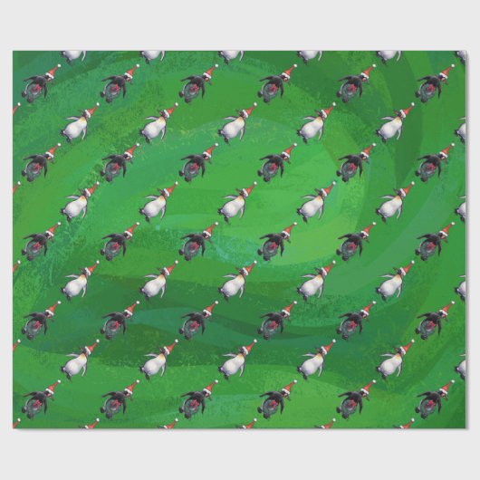 Penguin in Santa Hat Pattern on Green Cadeaupapier (Vlak)