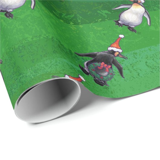 Penguin in Santa Hat Pattern on Green Cadeaupapier (Rol Hoek)
