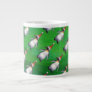 Penguin in Santa Hat Pattern on Green Grote Koffiekop