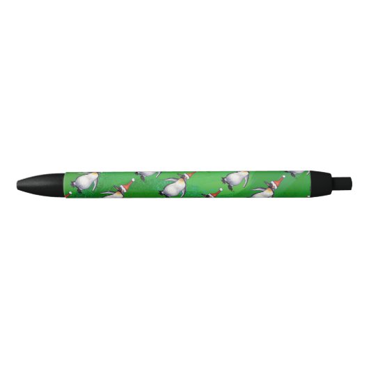 Penguin in Santa Hat Pattern on Green Zwarte Inkt Pen (Voorkant)