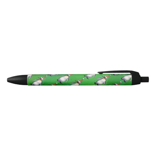 Penguin in Santa Hat Pattern on Green Zwarte Inkt Pen (Bovenkant)