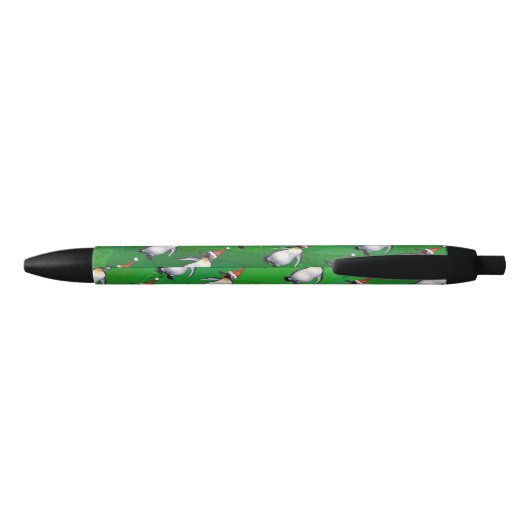 Penguin in Santa Hat Pattern on Green Zwarte Inkt Pen (Achterkant)
