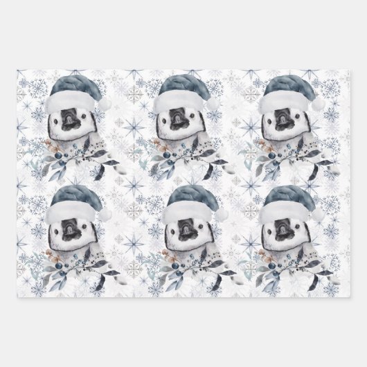 Penguin in Santa Hat Snowflakes Pattern Kerstmis Inpakpapier Vel (Voorkant 3)