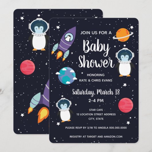 Penguin in Space Baby shower Space Navy Galaxy Kaart (Voorkant / Achterkant)