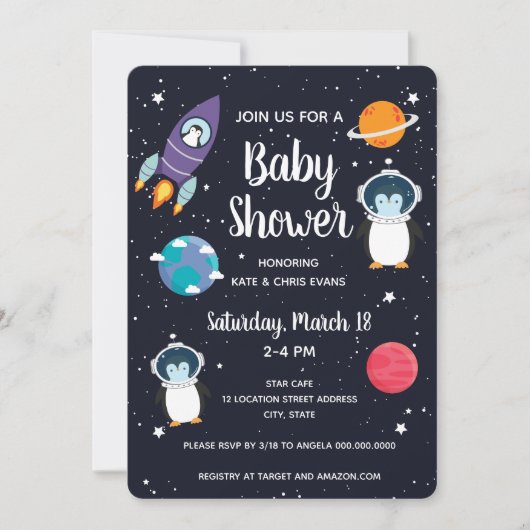 Penguin in Space Baby shower Space Navy Galaxy Kaart (Voorkant)