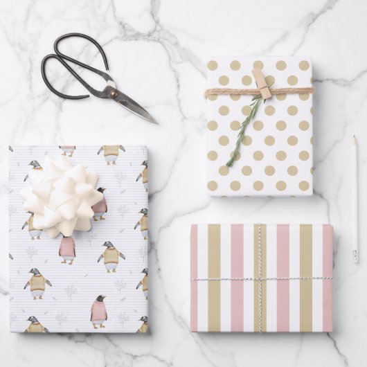 Penguin in Sweaters Wrapping Paper Set van 3 (Voorkant)