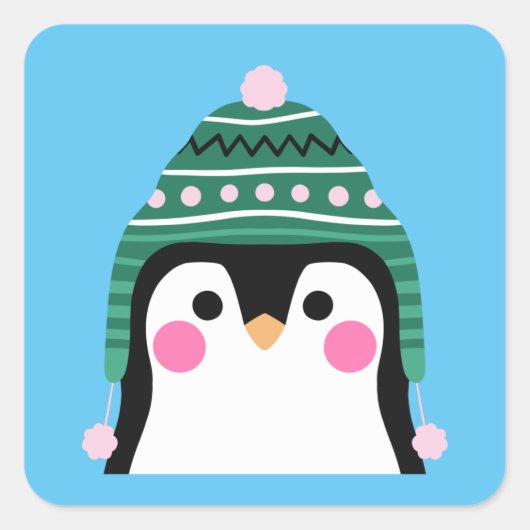 Penguin in Winter Tuque Vierkante Sticker (Voorkant)