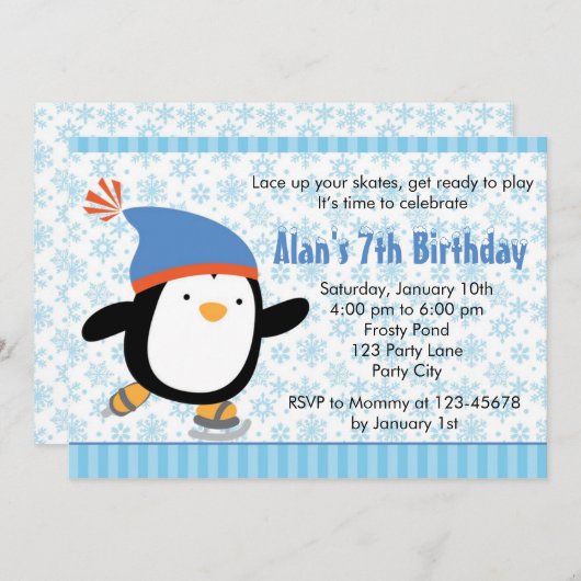 Penguin Invitation - Boys Birthday (Snowflake) Kaart (Voorkant / Achterkant)