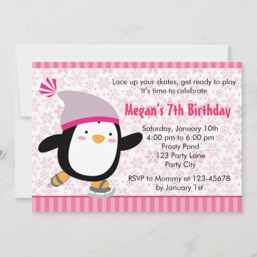Penguin Invitation - Girls Birthday (Snowflake) Kaart (Voorkant)