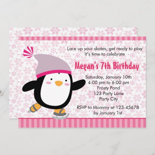 Penguin Invitation - Girls Birthday (Snowflake) Kaart (Voorkant / Achterkant)