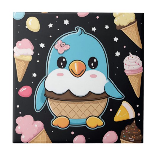 Penguin Kawaii Ice Cream Tegeltje (Voorkant)