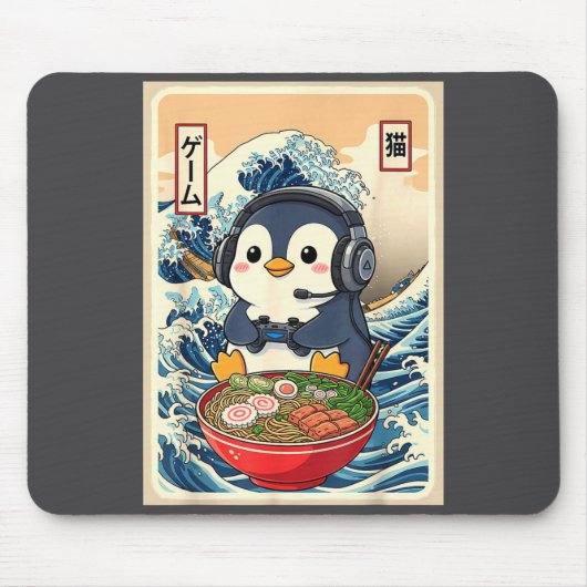 Penguin Kawaii Japanese Ramen Noodle Retro Gaming  Muismat (Voorkant)