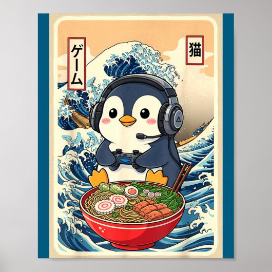 Penguin Kawaii Japanese Ramen Noodle Retro Gaming  Poster (Voorkant)