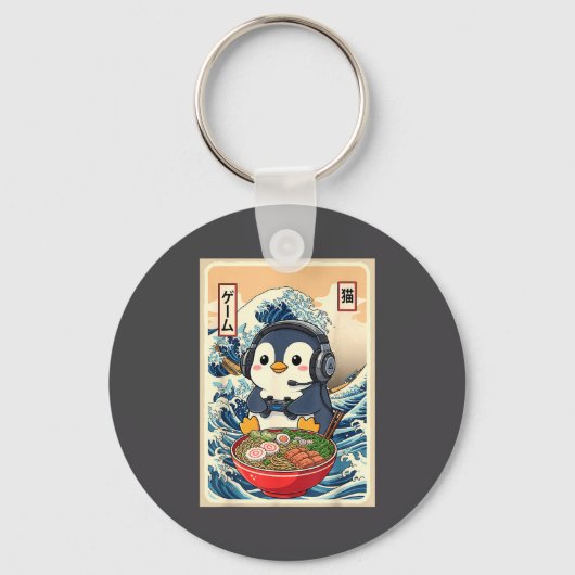 Penguin Kawaii Japanese Ramen Noodle Retro Gaming Sleutelhanger (Voorkant)