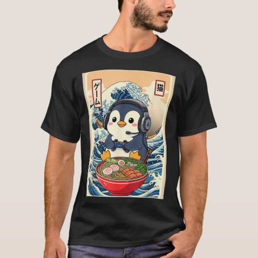 Penguin Kawaii Japanese Ramen Noodle Retro Gaming  T-shirt (Voorkant)