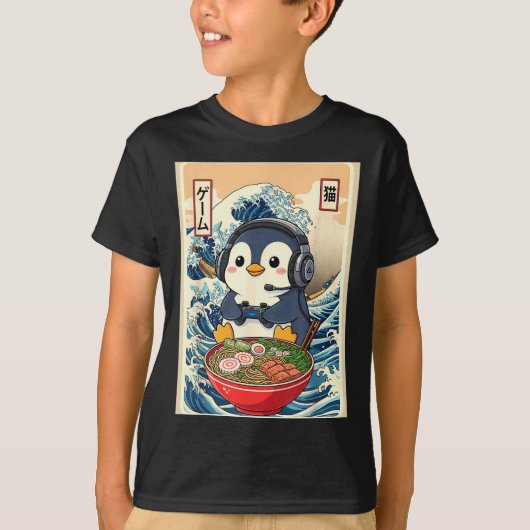 Penguin Kawaii Japanese Ramen Noodle Retro Gaming  T-shirt (Voorkant)