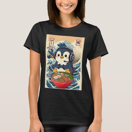 Penguin Kawaii Japanese Ramen Noodle Retro Gaming  T-shirt (Voorkant)
