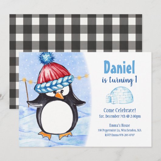Penguin Kids Birthday Party Invitation Kaart (Voorkant / Achterkant)