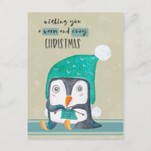 Penguin Knitting Christmas Post Card Feestdagenkaart
