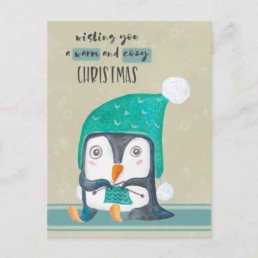 Penguin Knitting Christmas Post Card Feestdagenkaart (Voorkant)