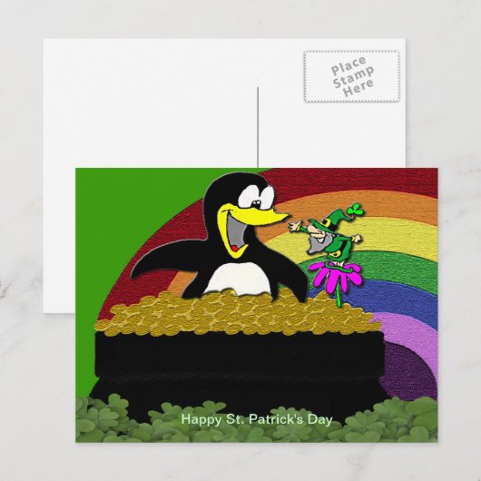 Penguin, Leprechaun, Gold en Rainbow Briefkaart (Voorkant / Achterkant)