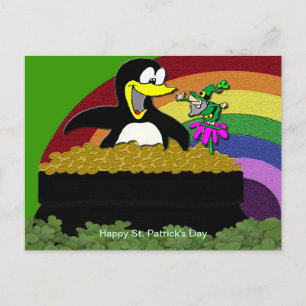 Penguin, Leprechaun, Gold en Rainbow Briefkaart