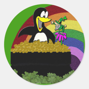 Penguin, Leprechaun, Gold en Rainbow Ronde Sticker