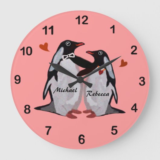 Penguin Love Custom Couple's Name Clock Grote Klok (Voorkant)