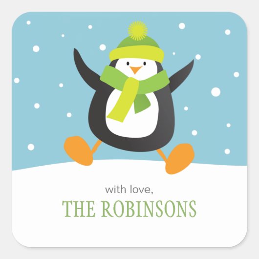 Penguin Loves Snow | Square Holiday Gift Stickers (Voorkant)