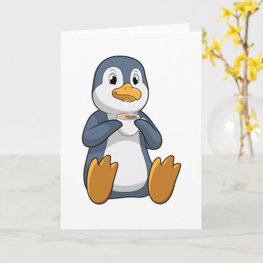 Penguin met Coffee Cup Kaart (Gele Bloem)