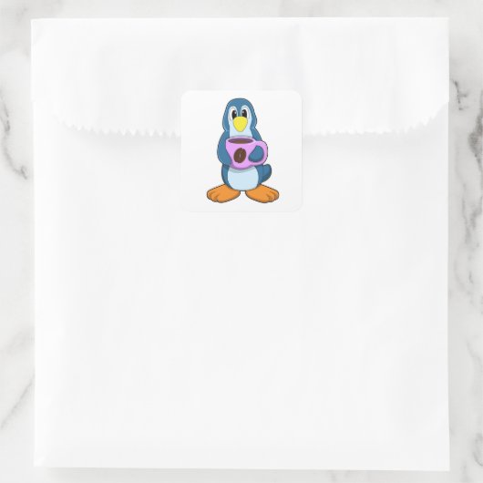 Penguin met Cup Vierkante Sticker (Tas)