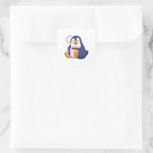 Penguin met Cup Vierkante Sticker (Tas)