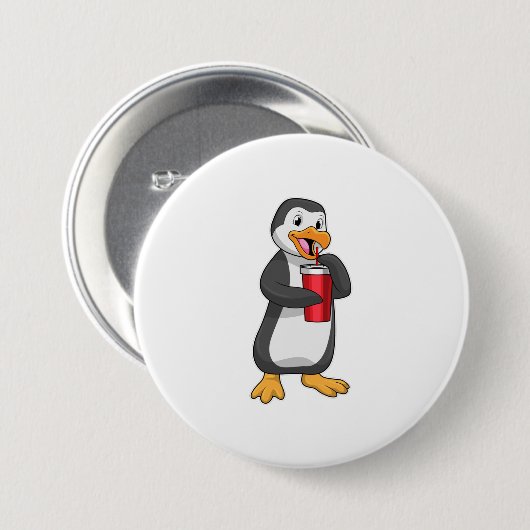 Penguin met Drink bekertje met stro Ronde Button 7,6 Cm (Voorkant /achterkant)
