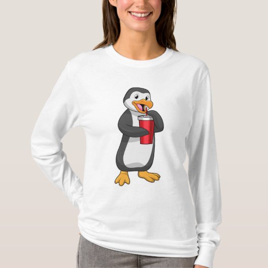 Penguin met Drink bekertje met stro T-shirt (Voorkant)
