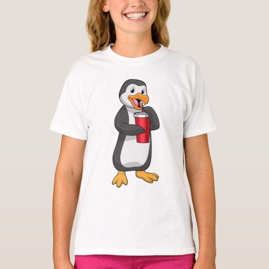 Penguin met Drink bekertje met stro T-shirt (Voorkant)