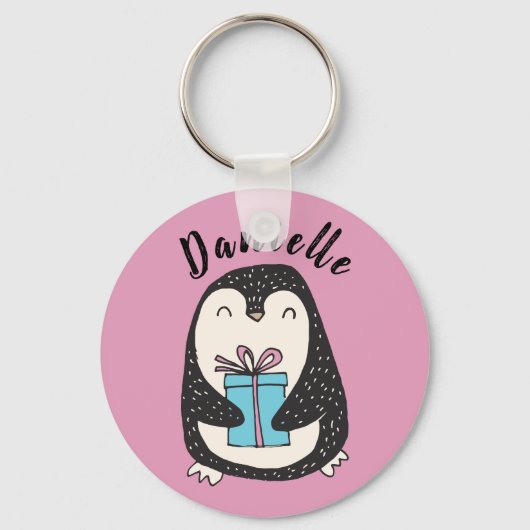 Penguin met een Cadeau Persoonlijke PInk Sleutelhanger (Voorkant)