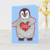 Penguin met Heart Happy Birthday Kaart (Gele Bloem)