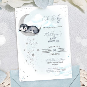 Penguin Moon Baby shower Invitation Kaart