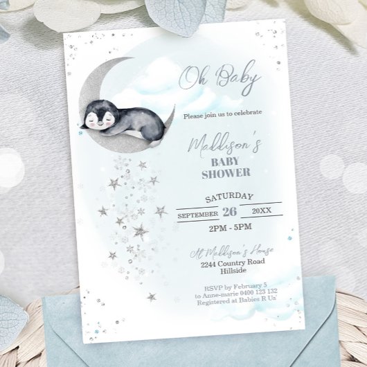 Penguin Moon Baby shower Invitation Kaart