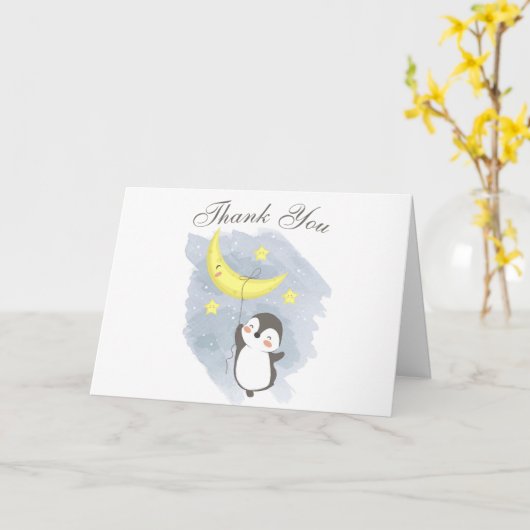 Penguin Moon Baby shower Waterverf Hartelijk dank Kaart (Gele Bloem)