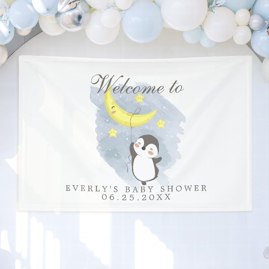 Penguin Moon Cute Waterverf Baby shower Welkom Spandoek