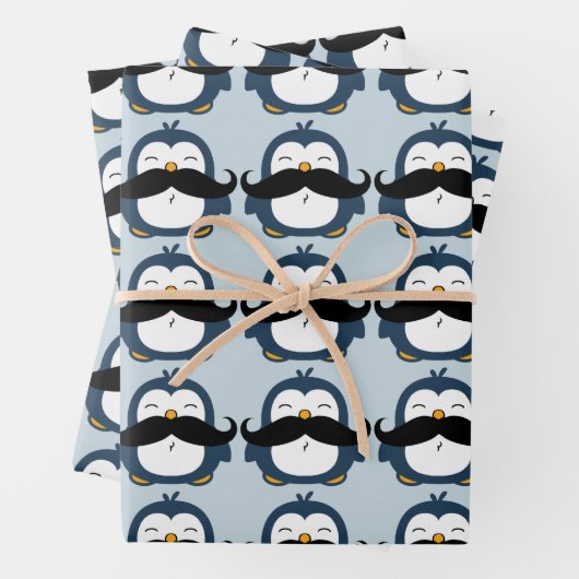 Penguin Mustache Trend Pattern | Blauw Inpakpapier Vel (In situ)