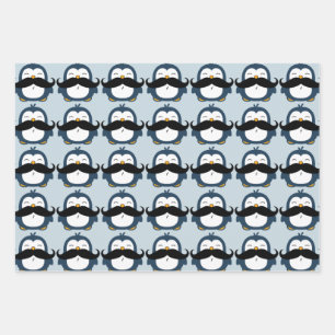 Penguin Mustache Trend Pattern   Blauw Inpakpapier Vel