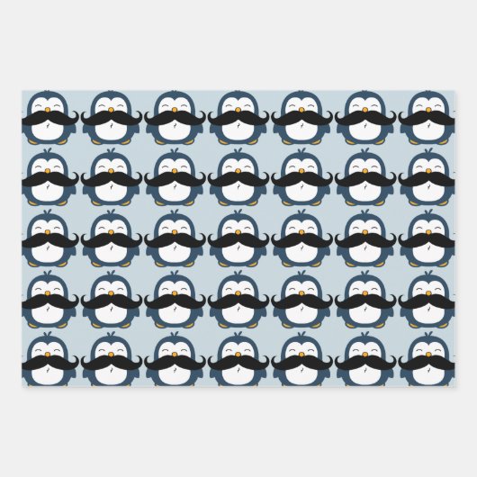Penguin Mustache Trend Pattern | Blauw Inpakpapier Vel (Voorkant)