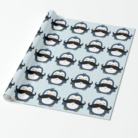 Penguin Mustache Trend Pattern Cadeaupapier (Uitgerold)