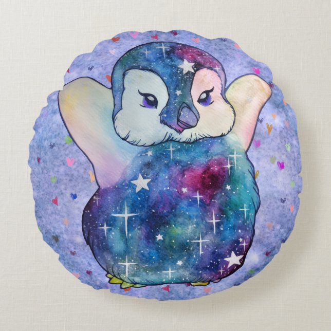 Penguin named Button Rond Kussen (Voorkant)